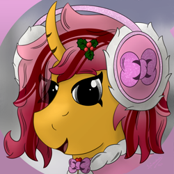 Size: 3000x3000 | Tagged: safe, artist:spiroudada, derpibooru import, oc, oc only, oc:dolly hooves, pony, unicorn, bow, bust, clothes, crossdressing, male, pink, portrait, smiling, snow, stallion, winter