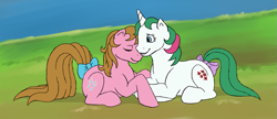 Size: 1329x575 | Tagged: safe, artist:catlover1672, derpibooru import, gusty, shady, earth pony, pony, unicorn, g1, bow, eyes closed, female, grass, horn, lesbian, lying down, mare, prone, shipping, smiling, tail, tail bow