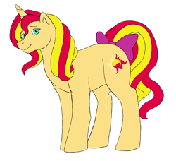 Size: 1405x1283 | Tagged: safe, artist:catlover1672, derpibooru import, sunset shimmer, pony, unicorn, g1, g4, bow, female, g4 to g1, generation leap, horn, mare, simple background, smiling, solo, sun, tail, tail bow, white background