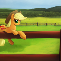 Size: 512x512 | Tagged: safe, derpibooru import, generator:stable diffusion, machine learning generated, applejack, earth pony, pony, female, fence, grass, solo