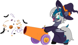 Size: 2727x1575 | Tagged: safe, artist:dianamur, artist:yeetmedownthestairs, derpibooru import, oc, oc only, oc:elizabat stormfeather, alicorn, bat, bat pony, bat pony alicorn, pony, alicorn oc, base used, bat pony oc, bat wings, bipedal, boots, cannon, clothes, confetti, costume, cute, female, gloves, halloween, halloween costume, hat, holiday, horn, jack-o-lantern, mare, open mouth, party cannon, pumpkin, robe, shoes, simple background, solo, transparent background, wings, witch, witch hat