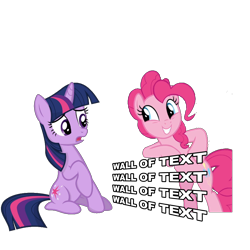 Size: 1000x1000 | Tagged: safe, artist:ken-dostudios, derpibooru import, pinkie pie, twilight sparkle, unicorn twilight, earth pony, pony, unicorn, duo, fourth wall, grin, simple background, smiling, text, transparent background