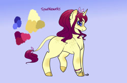 Size: 1105x723 | Tagged: safe, artist:apieceofmii, artist:ladypastal, derpibooru import, oc, oc only, oc:sparkleworks, classical unicorn, unicorn, base used, bow, bracelet, cloven hooves, ear piercing, earring, female, freckles, gradient mane, hair bow, horn, jewelry, leonine tail, mare, missing cutie mark, piercing, purple background, reference sheet, signature, simple background, solo, sparkles, unicorn oc