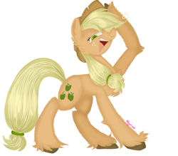 Size: 1349x1184 | Tagged: safe, artist:4agonism, derpibooru import, part of a set, mean applejack, earth pony, pony, the mean 6, applejack's hat, cheek fluff, chest fluff, clone, clothes, colored hooves, cowboy hat, ear fluff, ears, female, fluffy, freckles, full body, hat, hoof fluff, hoof on head, leg fluff, looking at you, mare, ponytail, raised hoof, raised leg, simple background, smiling, solo, unshorn fetlocks, white background