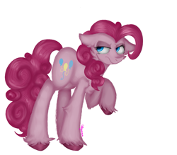 Size: 1349x1184 | Tagged: safe, artist:4agonism, derpibooru import, part of a set, mean pinkie pie, earth pony, pony, the mean 6, angry, cheek fluff, chest fluff, clone, colored, colored hooves, ear fluff, ears, ears back, female, fluffy, frown, full body, looking sideways, mare, raised hoof, raised leg, scowl, shoulder fluff, simple background, solo, unshorn fetlocks, white background