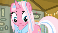 Size: 800x450 | Tagged: safe, derpibooru import, screencap, clear sky, pony, unicorn, common ground, animated, female, gif, mare, museum, solo, talking