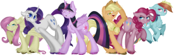 Size: 1830x583 | Tagged: safe, artist:4agonism, derpibooru import, part of a set, applejack, fluttershy, mean applejack, mean fluttershy, mean pinkie pie, mean rainbow dash, mean rarity, mean twilight sparkle, pinkie pie, rainbow dash, rarity, twilight sparkle, twilight sparkle (alicorn), alicorn, earth pony, pegasus, pony, unicorn, the mean 6, applejack's hat, cheek fluff, chest fluff, clone, clothes, colored, colored hooves, cowboy hat, ear fluff, ears, evil grin, fluffy, flying, freckles, full body, glare, grin, hat, hoof fluff, horn, leg fluff, looking at you, looking sideways, mane six, mean six, ponytail, raised hoof, raised leg, shoulder fluff, simple background, smiling, spread wings, unshorn fetlocks, wings