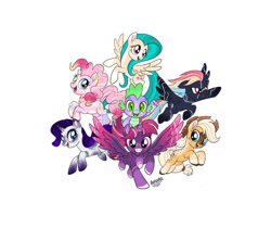 Size: 1280x1073 | Tagged: safe, artist:ladypastal, derpibooru import, applejack, fluttershy, pinkie pie, rainbow dash, rarity, spike, twilight sparkle, twilight sparkle (alicorn), alicorn, dragon, earth pony, pegasus, unicorn, alternate design, applejack's hat, baby, baby dragon, bracelet, choker, clothes, coat markings, colored ears, colored hooves, colored wings, cowboy hat, dyed mane, ear piercing, earring, ears, eyeshadow, female, floppy ears, freckles, gradient hooves, gradient wings, hat, jewelry, makeup, male, mane seven, mane six, mare, movie accurate, necklace, piercing, redesign, signature, simple background, spike riding twilight, wall of tags, white background, wings