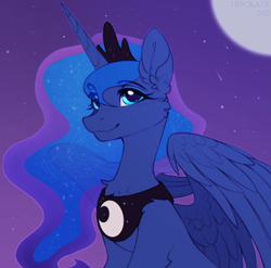 Size: 1296x1278 | Tagged: safe, artist:trickate, derpibooru import, princess luna, alicorn, pony, female, looking at you, mare, moon, smiling, smiling at you, solo