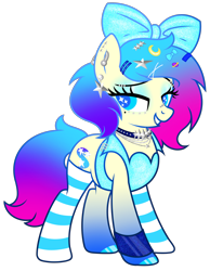 Size: 2106x2711 | Tagged: safe, artist:kb-gamerartist, artist:raini-bases, derpibooru import, oc, oc only, oc:starla, pony, unicorn, base used, bow, choker, clothes, ear piercing, earring, eyebrow piercing, eyeshadow, female, freckles, grin, hair bow, jacket, jewelry, leather, leather jacket, lip piercing, makeup, mare, multicolored hair, nose piercing, piercing, simple background, smiling, socks, solo, striped socks, transparent background, unshorn fetlocks, wristband