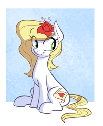 Size: 840x1027 | Tagged: safe, artist:anontheanon, oc, oc only, oc:epithumia, earth pony, pony, blonde, blonde mane, blonde tail, cutie mark, earth pony oc, female, flower, flower in hair, green eyes, mare, simple background, sitting, smiling, solo, solo female, white coat