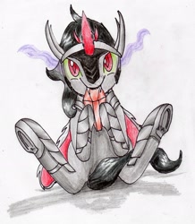 Size: 2704x3096 | Tagged: safe, artist:40kponyguy, derpibooru exclusive, derpibooru import, king sombra, unicorn, armor, bunny sitting, cloak, clothes, crystal, cute, hoof hold, looking at you, male, simple background, solo, sombradorable, stallion, the crystal empire 10th anniversary, traditional art, underhoof, white background