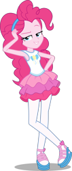 Size: 5912x13928 | Tagged: safe, derpibooru import, pinkie pie, human, equestria girls, stressed in show, stressed in show: pinkie pie, armpits, blue eyes, clothes, crossed legs, cutie mark on clothes, female, geode of sugar bombs, grin, hairband, hand on head, hand on hip, jewelry, lidded eyes, necklace, pantyhose, pink hair, pink skin, pose, rah rah skirt, raised eyebrow, sandals, simple background, skirt, solo, tanktop, teeth, transparent background, vector