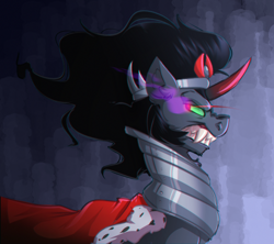 Size: 3472x3080 | Tagged: safe, artist:witchtaunter, derpibooru import, king sombra, pony, unicorn, g4, armor, cape, chest fluff, clothes, colored horn, crown, curved horn, ear fluff, ears, fangs, frown, glowing, glowing eyes, gradient background, high res, horn, jewelry, male, regalia, snarling, solo, sombra eyes, sombra horn, stallion, teeth, the crystal empire 10th anniversary