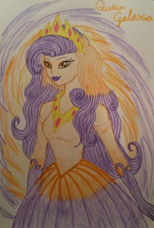 Size: 600x890 | Tagged: safe, artist:glaceonfrozen, derpibooru import, oc, oc:queen galaxia, human, breasts, celestia and luna's mother, clothes, cutie mark, dress, female, galaxy, humanized, looking at you, solo, traditional art