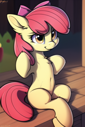 Size: 512x768 | Tagged: safe, derpibooru import, generator:novelai, generator:stable diffusion, machine learning generated, apple bloom, earth pony, pony, belly button, blank flank, chest fluff, raised hoof, raised leg, sitting, solo