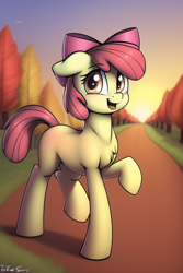 Size: 512x768 | Tagged: safe, derpibooru import, generator:novelai, generator:stable diffusion, machine learning generated, apple bloom, earth pony, pony, autumn, blank flank, chest fluff, raised hoof, raised leg, solo, sunset