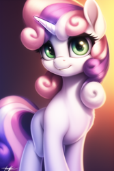 Size: 512x768 | Tagged: safe, derpibooru import, generator:novelai, generator:stable diffusion, machine learning generated, sweetie belle, pony, unicorn, blank flank, simple background, solo