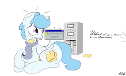 Size: 5092x3080 | Tagged: safe, artist:ricy, derpibooru import, oc, oc only, oc:file folder, pegasus, pony, cabinet, clothes, folder, male, pegasus oc, scared, scarf, simple background, sitting, solo, stallion, white background, wings