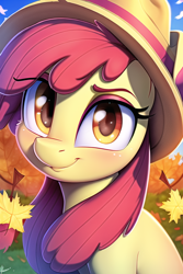 Size: 512x768 | Tagged: safe, derpibooru import, generator:novelai, generator:stable diffusion, machine learning generated, apple bloom, earth pony, pony, autumn, hat, leaves, solo