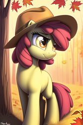 Size: 512x768 | Tagged: safe, derpibooru import, generator:novelai, generator:stable diffusion, machine learning generated, apple bloom, earth pony, pony, autumn, blank flank, hat, leaves, solo, tree