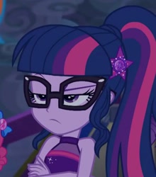 Size: 960x1092 | Tagged: safe, derpibooru import, screencap, sci-twi, twilight sparkle, human, better together, equestria girls, spring breakdown, bare shoulders, cropped, crossed arms, cruise outfit, cute, raised eyebrow, sci-twi is not amused, sleeveless, solo, unamused