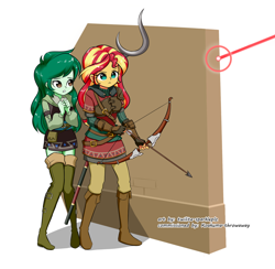 Size: 1302x1273 | Tagged: safe, artist:twilite-sparkleplz, derpibooru import, sunset shimmer, wallflower blush, human, equestria girls, arrow, bow (weapon), bow and arrow, crossover, duo, duo female, female, laser, simple background, the legend of zelda, the legend of zelda: breath of the wild, weapon, white background