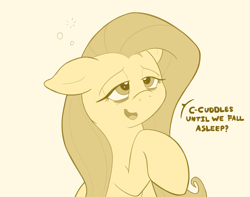 Size: 2736x2160 | Tagged: safe, artist:sspore, derpibooru import, fluttershy, pony, bust, dialogue, drunk bubbles, ears, emanata, female, floppy ears, high res, lidded eyes, limited palette, mare, monochrome, open mouth, raised hoof, raised leg, simple background, sleepy, solo, speech bubble, talking to viewer, three quarter view, white background