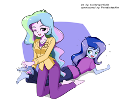 Size: 1300x1100 | Tagged: safe, artist:twilite-sparkleplz, derpibooru import, princess celestia, princess luna, principal celestia, vice principal luna, human, equestria girls, ass, barefoot, butt, clothes, feet, female, fetish, foot tickling, jacket, laughing, missing shoes, one eye closed, royal sisters, siblings, simple background, sisters, soles, tickle fetish, tickling, toes, white background, wink