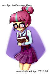 Size: 485x748 | Tagged: safe, artist:twilite-sparkleplz, derpibooru import, sour sweet, human, equestria girls, alternate hairstyle, blushing, book, clothes swap, female, glasses, hair bun, kama sutra, simple background, solo, white background