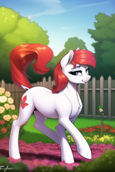 Size: 512x768 | Tagged: safe, derpibooru import, editor:omnixious, generator:novelai, generator:stable diffusion, machine learning generated, oc, oc only, oc:scarlet mallow, earth pony, pony, chest fluff, dock, female, fence, flower, garden, looking at you, mare, raised tail, smiling, smiling at you, solo, tail