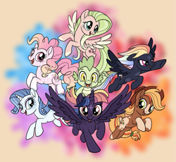 Size: 857x788 | Tagged: safe, artist:monochrome-sunsets, derpibooru import, applejack, fluttershy, pinkie pie, rainbow dash, rarity, spike, twilight sparkle, twilight sparkle (alicorn), alicorn, pony, alternate design, mane seven, mane six, recolor