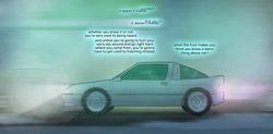 Size: 1280x632 | Tagged: safe, artist:captainhoers, derpibooru import, the sunjackers, car, cyberpunk, vulgar