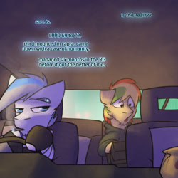 Size: 800x800 | Tagged: safe, artist:captainhoers, derpibooru import, oc, oc only, oc:rainbow code, oc:throttle track, earth pony, pegasus, the sunjackers, car interior, cigarette, cyberpunk, male, smoking, stallion