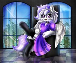 Size: 2480x2061 | Tagged: safe, artist:deraniel, derpibooru import, oc, oc only, oc:chicanery, pegasus, pony, choker, clothes, dress, looking at you, open mouth, open smile, reflection, smiling, solo, stockings, thigh highs, throne, window