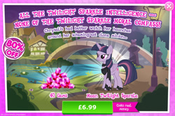 Size: 1954x1297 | Tagged: safe, derpibooru import, mean twilight sparkle, twilight sparkle, twilight sparkle (alicorn), alicorn, pony, advertisement, clothes, costs real money, english, female, folded wings, gameloft, gem, horn, leg wraps, mare, numbers, official, sale, scarf, solo, solo focus, text, wings