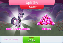 Size: 1264x857 | Tagged: safe, derpibooru import, mean twilight sparkle, twilight sparkle, twilight sparkle (alicorn), alicorn, pony, bundle, clothes, costs real money, english, female, folded wings, gameloft, gem, horn, leg wraps, mare, numbers, official, sale, scarf, solo, solo focus, text, wings