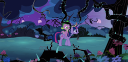 Size: 2222x1080 | Tagged: safe, derpibooru import, edit, edited screencap, screencap, spike, twilight sparkle, twilight sparkle (alicorn), alicorn, dragon, pony, princess twilight sparkle (episode), big crown thingy, black vine, composite screencap, dragons riding ponies, element of magic, everfree forest, jewelry, regalia, riding, spike riding twilight