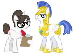 Size: 2375x1815 | Tagged: safe, artist:a01421, artist:thebosscamacho, derpibooru import, edit, raven, pegasus, pony, unicorn, the crystal empire, armor, choker, clipboard, female, glasses, guardwell, male, mare, royal guard, royal guard armor, shipping, simple background, smiling, straight, transparent background, vector, vector edit