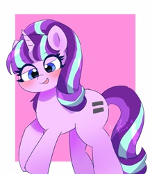 Size: 2635x3048 | Tagged: safe, artist:leo19969525, derpibooru import, starlight glimmer, pony, unicorn, blue eyes, blushing, cute, ears, ears up, equal cutie mark, female, glimmerbetes, horn, looking at you, mare, open mouth, open smile, pink background, s5 starlight, simple background, smiling, solo