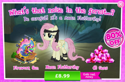 Size: 1958x1296 | Tagged: safe, derpibooru import, fluttershy, mean fluttershy, pegasus, pony, the mean 6, advertisement, clone, costs real money, english, female, fireworks, folded wings, gameloft, gem, headband, leg wraps, mare, numbers, official, sale, solo, solo focus, text, wings