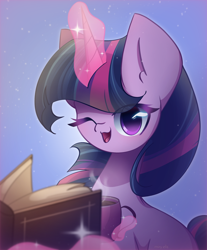 Size: 1800x2170 | Tagged: safe, artist:miryelis, derpibooru import, twilight sparkle, pony, unicorn, big ears, book, commission, cup, cute, ears, gradient background, impossibly large ears, looking at you, magic, smiling, smiling at you, solo