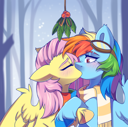 Size: 4190x4170 | Tagged: safe, artist:cheekipone, derpibooru import, fluttershy, rainbow dash, pegasus, pony, absurd resolution, blushing, bust, clothes, duo, ears, eyebrow slit, eyebrows, eyes closed, female, floppy ears, flutterdash, goggles, goggles on head, heart, heart eyes, holly, holly mistaken for mistletoe, kiss on the lips, kissing, lesbian, mare, outdoors, partially open wings, scarf, shipping, snow, snowfall, striped scarf, unshorn fetlocks, wingding eyes, wings, winter outfit