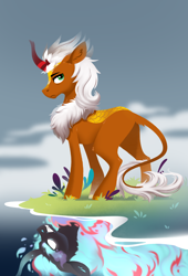 Size: 1500x2200 | Tagged: safe, artist:28gooddays, derpibooru import, oc, oc only, kirin, nirik, butt, cloven hooves, duality, kirin oc, plot, reflection, solo