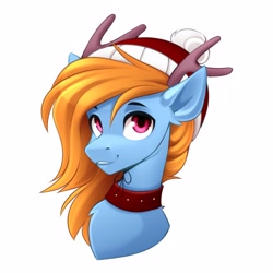 Size: 2560x2560 | Tagged: safe, artist:buvanybu, derpibooru import, oc, oc only, pony, antlers, christmas, collar, hat, holiday, santa hat, simple background, solo, white background