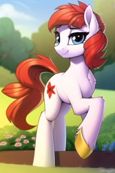 Size: 512x768 | Tagged: safe, derpibooru import, editor:omnixious, generator:novelai, generator:stable diffusion, machine learning generated, oc, oc only, oc:scarlet mallow, earth pony, pony, chest fluff, female, garden, looking at you, mare, smiling, solo