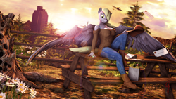 Size: 3840x2160 | Tagged: safe, artist:shadowuwu, derpibooru import, derpy hooves, anthro, pegasus, plantigrade anthro, 3d, 4k, breasts, cleavage, clothes, derpy loaves, grin, hair over one eye, hat, high res, lens flare, looking at you, mailmare, picnic table, plane, sitting, smiling, solo, source filmmaker, table