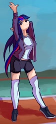Size: 961x2124 | Tagged: safe, artist:solid shrimp, derpibooru import, twilight sparkle, human, clothes, female, humanized, jacket, shoes, socks, solo, sports, stretching, thigh highs