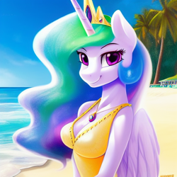 Size: 1024x1024 | Tagged: safe, derpibooru import, editor:dovakkins, generator:novelai, generator:stable diffusion, machine learning generated, princess celestia, alicorn, anthro, beach, beautiful, breasts, cleavage, clothes, female, happy, jewelry, looking at you, mare, ocean, one-piece swimsuit, princess breastia, regalia, sand, smiling, smiling at you, solo, swimsuit, water, yellow swimsuit