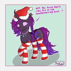 Size: 2500x2500 | Tagged: safe, artist:solos, derpibooru import, oc, oc:coco (changeling), changeling, changeling queen, blushing, changeling oc, christmas, christmas changeling, clothes, female, hat, holiday, purple changeling, santa hat, shy, socks, text
